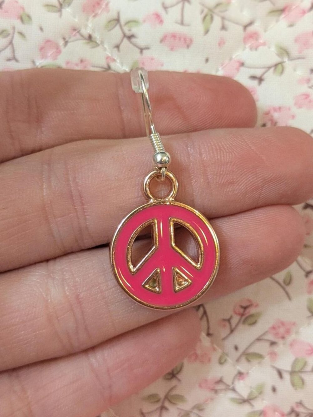 handmade pink and gold Peace sign dangle earrings